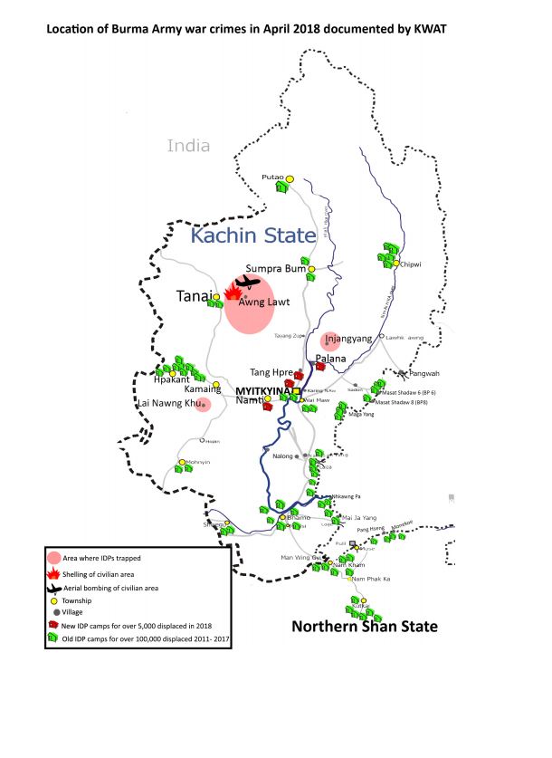 Location of Burma Army war crimes in April 2018 documented by KWAT